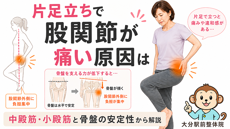 片足立ちで股関節が痛くなる原因を、中殿筋・小殿筋と骨盤の安定性から解説したサムネイル画像です。片足立ちで股関節外側に負担が集中する様子を、人物イラストと骨盤・股関節の図解でわかりやすく示しています。