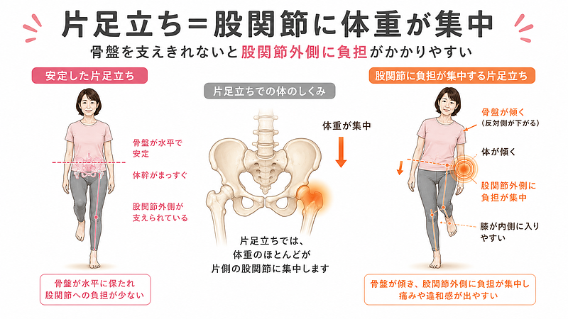 片足立ちで股関節に体重が集中する仕組みを、安定した片足立ちと負担が集中する片足立ちで比較した図解です。骨盤が水平に保てている状態と、骨盤が傾いて股関節外側に負担がかかる状態の違いを視覚的に説明しています。
