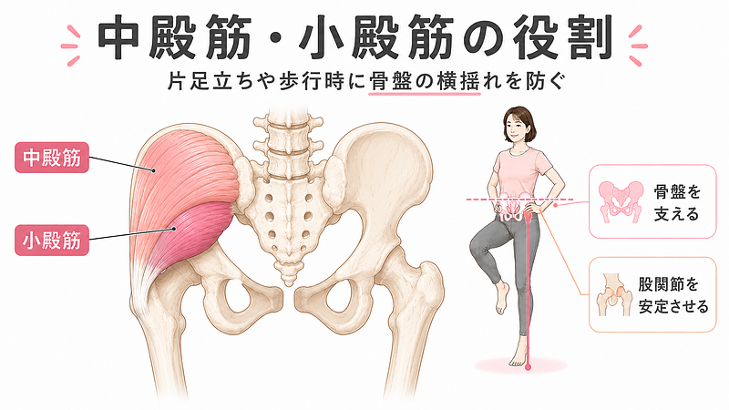 中殿筋・小殿筋が片足立ちや歩行時に骨盤を支える役割を示した医学図解です。骨盤を後面から見たイラストで、中殿筋・小殿筋が大腿骨の大転子付近に付着し、股関節を安定させることをわかりやすく表現しています。