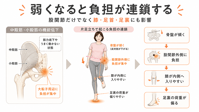 中殿筋・小殿筋の機能低下によって、股関節だけでなく膝・足首・足裏まで負担が連鎖する流れを示した図解です。骨盤の傾き、股関節外側への負担、膝の内側への入りやすさ、足裏荷重の偏りを順番に理解できる構成です。
