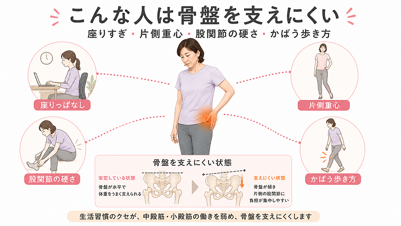 中殿筋・小殿筋が働きにくくなる生活習慣や体の使い方をまとめた図解です。座りっぱなし、片側重心、股関節の硬さ、かばう歩き方などが骨盤を支えにくい状態につながることを、人物イラストと生活習慣アイコンで説明しています。