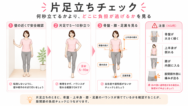 片足立ちで股関節への負担を確認するセルフチェック方法を、3ステップで解説した画像です。壁の近くで安全を確保し、片足で5〜10秒立ちながら、骨盤の高さ・上半身の傾き・膝の向き・足裏荷重を確認する流れがわかります。