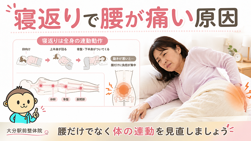 寝返りで腰が痛くなる原因を、腰だけの問題ではなく、背中・骨盤・股関節・体幹の連動から解説したサムネイル画像です。寝返り時に体全体がうまく動かないことで、腰〜骨盤まわりに負担が集中しやすくなることを表しています。