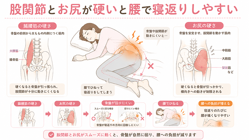 股関節やお尻の筋肉が硬くなると、骨盤の動きが制限されます。骨盤が自然に回らない状態で寝返りをすると、腰をひねって動かす形になり、腰痛につながりやすくなります。