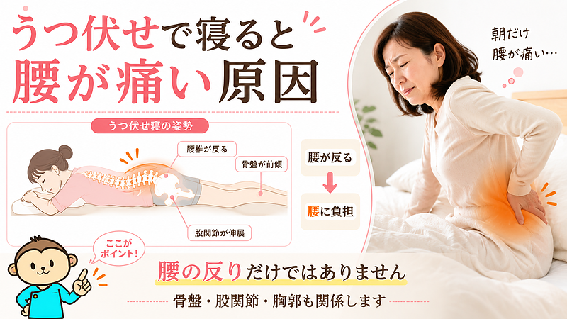 うつ伏せで寝たあとに腰が痛くなる原因を、腰の反り・骨盤・股関節・胸郭の関係から分かりやすく示したサムネイル画像です。朝起きた時の腰の違和感と、うつ伏せ寝で腰に負担がかかる仕組みを一目で理解できる構成にしています。