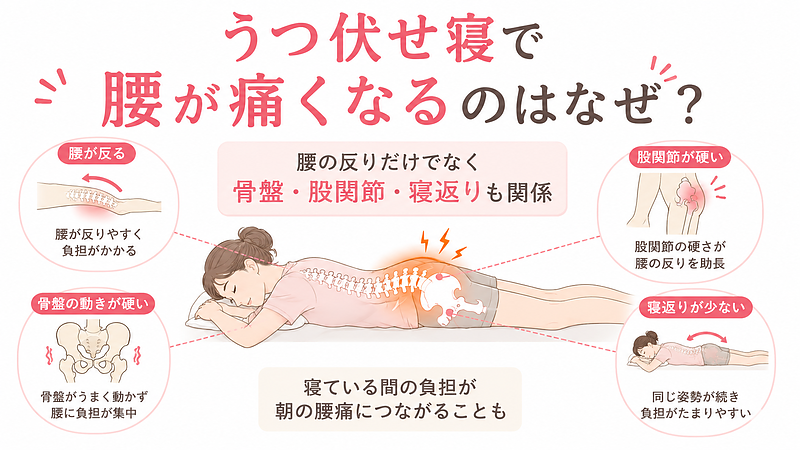 うつ伏せ寝で腰痛が起こる全体像をまとめた図解です。腰が反る姿勢だけでなく、骨盤の動き、股関節の硬さ、寝返りの少なさが重なることで、寝ている間の負担が朝の腰痛につながることを示しています。