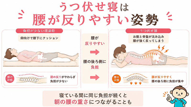 仰向けで膝下にクッションを入れた寝姿勢とうつ伏せ寝を比較した図解です。うつ伏せ寝ではお腹や骨盤が沈み込み、腰が反りやすくなることで、腰の後ろ側に負担が集まりやすいことを分かりやすく表現しています。