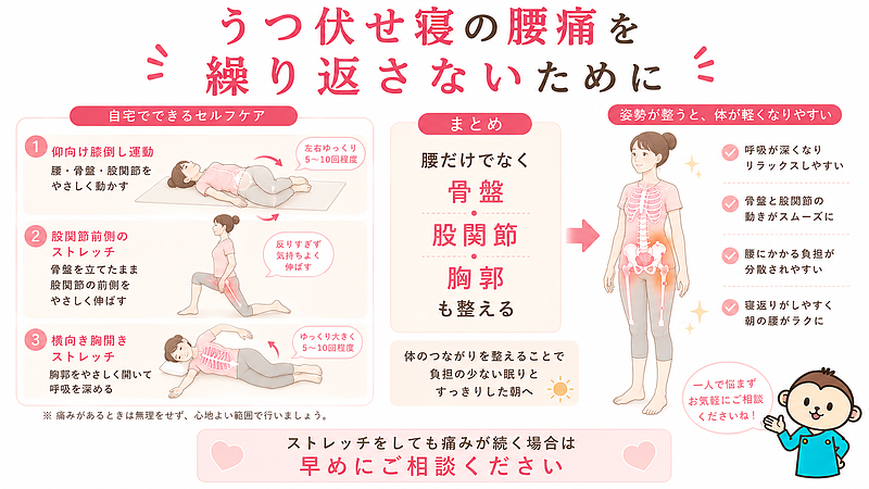 うつ伏せ寝による腰痛を繰り返さないためのセルフケアをまとめた画像です。仰向け膝倒し運動、股関節前側のストレッチ、横向き胸開きストレッチを通して、腰だけでなく骨盤・股関節・胸郭を整える大切さを伝えています。