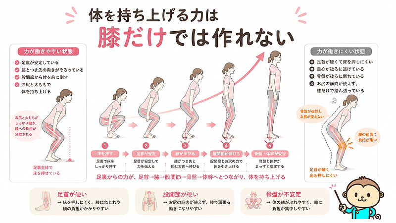 しゃがんだ姿勢から立ち上がる時に、足裏から足首、膝、股関節、骨盤、体幹へ力が伝わる流れを解説した画像です。足首や股関節が硬い状態では床を押す力やお尻の筋肉が使いにくくなり、膝に負担が集中しやすいことを表しています。 しゃがんだ姿勢から立ち上がる時に、足裏から足首、膝、股関節、骨盤、体幹へ力が伝わる流れを解説した画像です。足首や股関節が硬い状態では床を押す力やお尻の筋肉が使いにくくなり、膝に負担が集中しやすいことを表しています。