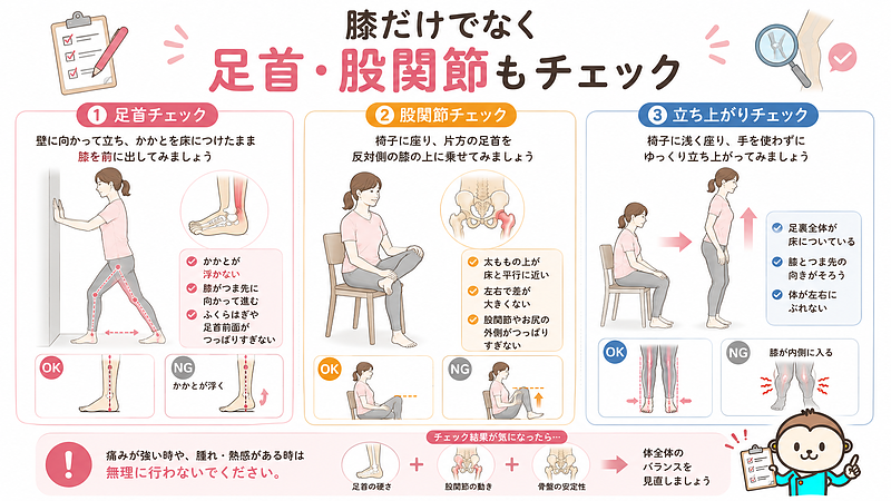 膝痛でしゃがめるけど立ち上がれない方に向けて、足首・股関節・立ち上がり動作を確認するセルフチェック画像です。かかとを浮かせず膝を前に出せるか、股関節に左右差がないか、椅子から立つ時に膝が内側へ入らないかを確認できます。 膝痛でしゃがめるけど立ち上がれない方に向けて、足首・股関節・立ち上がり動作を確認するセルフチェック画像です。かかとを浮かせず膝を前に出せるか、股関節に左右差がないか、椅子から立つ時に膝が内側へ入らないかを確認できます。