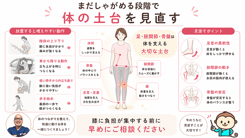 しゃがめるうちに足首・股関節・骨盤のバランスを見直す重要性を伝えるまとめ画像です。階段、車の乗り降り、低い椅子からの立ち座り、歩き始めなどで膝の負担が増える前に、体の土台を整えることの大切さを表しています。 しゃがめるうちに足首・股関節・骨盤のバランスを見直す重要性を伝えるまとめ画像です。階段、車の乗り降り、低い椅子からの立ち座り、歩き始めなどで膝の負担が増える前に、体の土台を整えることの大切さを表しています。