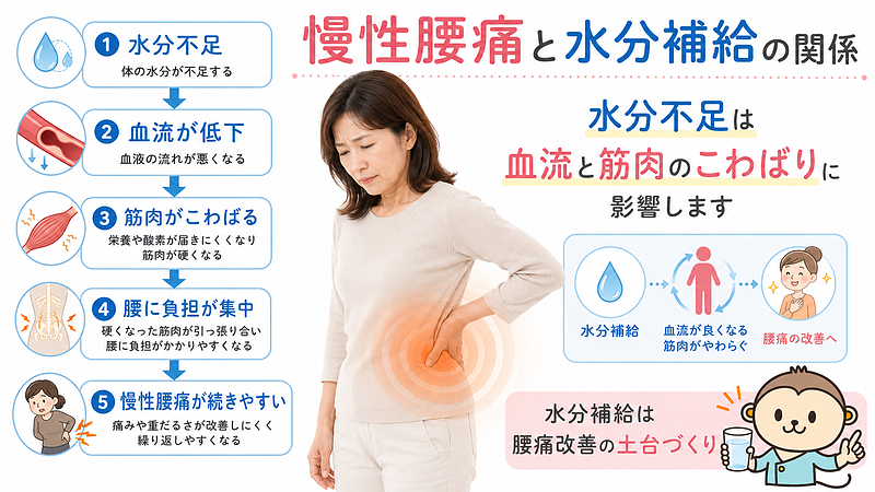 水分不足が血流低下や筋肉のこわばりにつながり、慢性腰痛が続きやすくなる流れを図解した画像です。腰痛は姿勢や筋肉だけでなく、日々の水分補給の不足も回復の妨げになることを説明しています。 水分不足が血流低下や筋肉のこわばりにつながり、慢性腰痛が続きやすくなる流れを図解した画像です。腰痛は姿勢や筋肉だけでなく、日々の水分補給の不足も回復の妨げになることを説明しています。