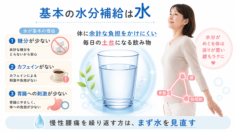 水が毎日の水分補給の基本として体に負担が少ない理由を解説した画像です。糖分やカフェインが少なく、胃腸への刺激も少ないため、慢性腰痛を繰り返す方はまず水を見直すことが大切だと伝えています。 水が毎日の水分補給の基本として体に負担が少ない理由を解説した画像です。糖分やカフェインが少なく、胃腸への刺激も少ないため、慢性腰痛を繰り返す方はまず水を見直すことが大切だと伝えています。