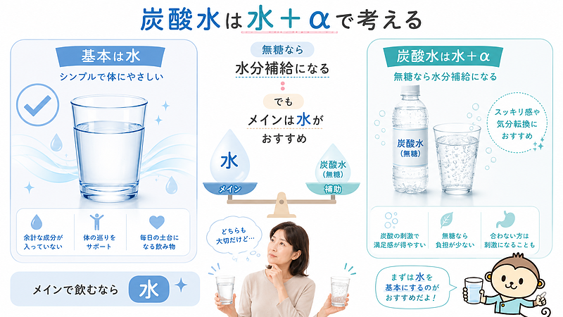 炭酸水は無糖であれば水分補給になりますが、基本は水で、炭酸水は補助的に取り入れる飲み物として考えることを示した画像です。お腹の張りや胃腸への刺激が出やすい方は、炭酸水だけに偏らないことが大切です。 炭酸水は無糖であれば水分補給になりますが、基本は水で、炭酸水は補助的に取り入れる飲み物として考えることを示した画像です。お腹の張りや胃腸への刺激が出やすい方は、炭酸水だけに偏らないことが大切です。