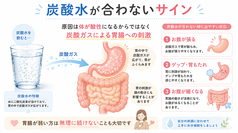 炭酸水を飲むとお腹が張る、ゲップや胃もたれが出る、お腹が緩くなる理由を胃腸の反応として解説した画像です。原因は体が酸性になることではなく、炭酸ガスによる胃腸への刺激であることを分かりやすく示しています。 炭酸水を飲むとお腹が張る、ゲップや胃もたれが出る、お腹が緩くなる理由を胃腸の反応として解説した画像です。原因は体が酸性になることではなく、炭酸ガスによる胃腸への刺激であることを分かりやすく示しています。