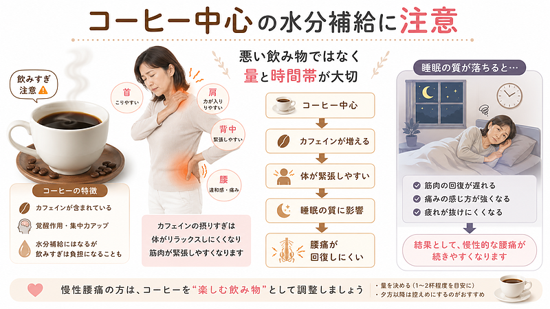 コーヒーが水分補給の中心になると、カフェインの影響で体が緊張しやすくなり、睡眠の質や慢性腰痛の回復に影響することを解説した画像です。コーヒーは悪い飲み物ではなく、量と時間帯を調整することが大切です。 コーヒーが水分補給の中心になると、カフェインの影響で体が緊張しやすくなり、睡眠の質や慢性腰痛の回復に影響することを解説した画像です。コーヒーは悪い飲み物ではなく、量と時間帯を調整することが大切です。