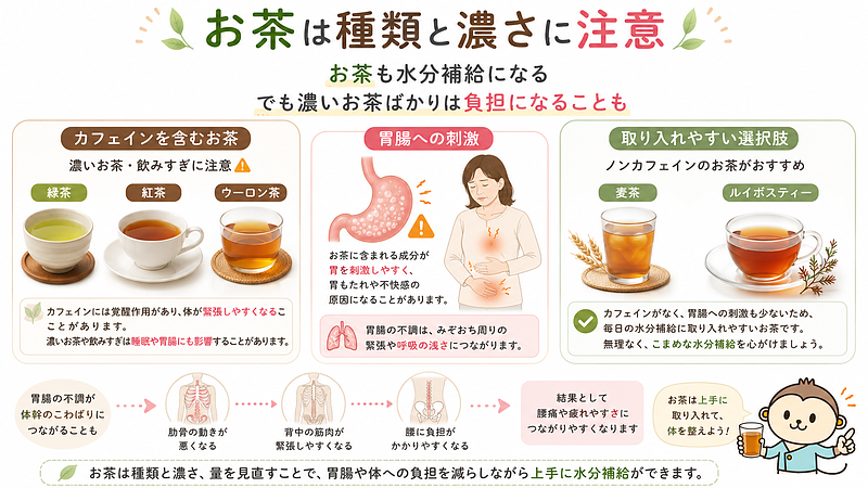 緑茶・紅茶・ウーロン茶などカフェインを含むお茶と、麦茶・ルイボスティーなど取り入れやすいお茶を比較した画像です。濃いお茶や飲みすぎは胃腸への刺激や体幹のこわばりにつながる場合があるため、種類と濃さを見直すことが大切です。 緑茶・紅茶・ウーロン茶などカフェインを含むお茶と、麦茶・ルイボスティーなど取り入れやすいお茶を比較した画像です。濃いお茶や飲みすぎは胃腸への刺激や体幹のこわばりにつながる場合があるため、種類と濃さを見直すことが大切です。