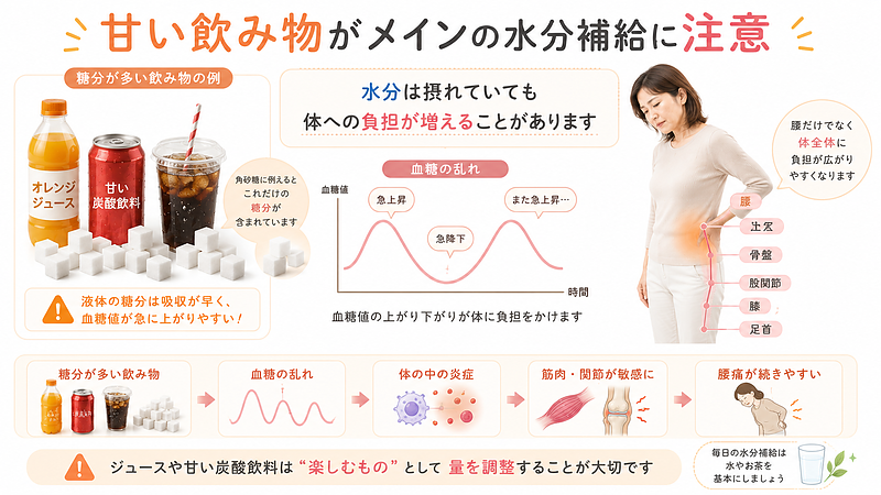 ジュースや甘い炭酸飲料が水分補給の中心になると、糖分の摂りすぎによる血糖の乱れや体への負担が起こりやすいことを解説した画像です。血糖の乱れや炎症が、筋肉や関節の敏感さ、慢性腰痛の続きやすさに関係することを示しています。 ジュースや甘い炭酸飲料が水分補給の中心になると、糖分の摂りすぎによる血糖の乱れや体への負担が起こりやすいことを解説した画像です。血糖の乱れや炎症が、筋肉や関節の敏感さ、慢性腰痛の続きやすさに関係することを示しています。