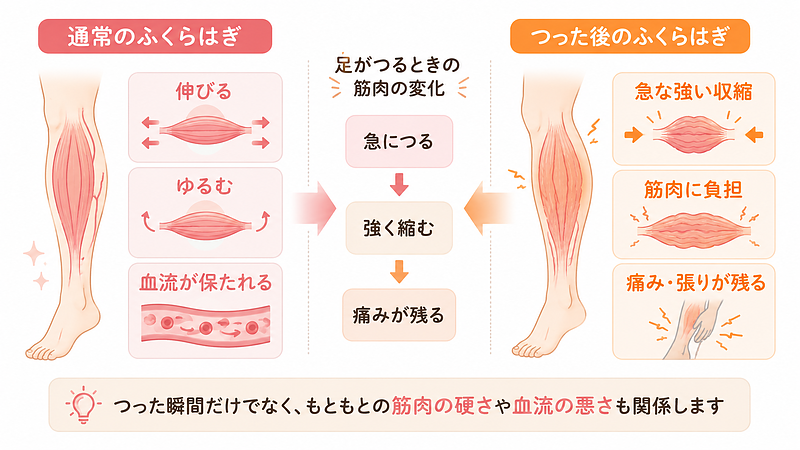 足がつった後も痛みが残るメカニズムを、通常のふくらはぎとつった後のふくらはぎで比較した図解画像です。筋肉が急に強く縮むことで負担が残り、痛みや張りにつながる流れをわかりやすく表現しています。 足がつった後も痛みが残るメカニズムを、通常のふくらはぎとつった後のふくらはぎで比較した図解画像です。筋肉が急に強く縮むことで負担が残り、痛みや張りにつながる流れをわかりやすく表現しています。
