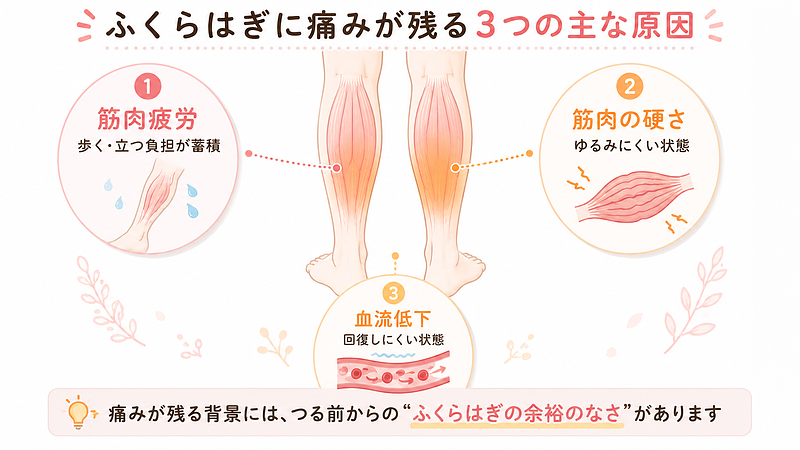 ふくらはぎに痛みが残る主な原因として、筋肉疲労・筋肉の硬さ・血流低下を整理した図解画像です。つる前からふくらはぎに負担や硬さがたまっていると、つった後の痛みが残りやすくなることを伝えています。 ふくらはぎに痛みが残る主な原因として、筋肉疲労・筋肉の硬さ・血流低下を整理した図解画像です。つる前からふくらはぎに負担や硬さがたまっていると、つった後の痛みが残りやすくなることを伝えています。