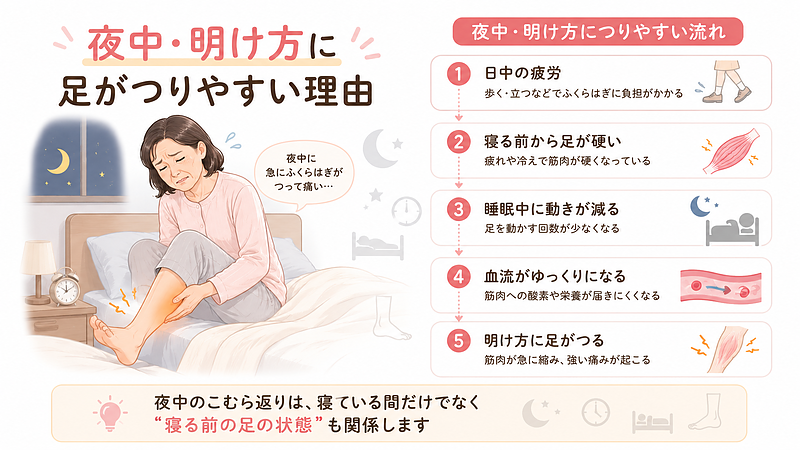 夜中や明け方に足がつりやすくなる理由を、日中の疲労から睡眠中の血流低下までの流れでまとめた画像です。寝ている間だけでなく、寝る前の足の硬さや疲労も関係することをわかりやすく説明しています。 夜中や明け方に足がつりやすくなる理由を、日中の疲労から睡眠中の血流低下までの流れでまとめた画像です。寝ている間だけでなく、寝る前の足の硬さや疲労も関係することをわかりやすく説明しています。