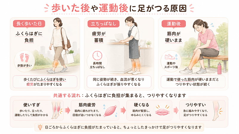 長く歩いた日、立ちっぱなし、運動後など、日常動作の中でふくらはぎに負担がたまり足がつりやすくなる流れを解説した画像です。使いすぎによる筋肉疲労や硬さが、足のつりにつながることを視覚的に示しています。 長く歩いた日、立ちっぱなし、運動後など、日常動作の中でふくらはぎに負担がたまり足がつりやすくなる流れを解説した画像です。使いすぎによる筋肉疲労や硬さが、足のつりにつながることを視覚的に示しています。