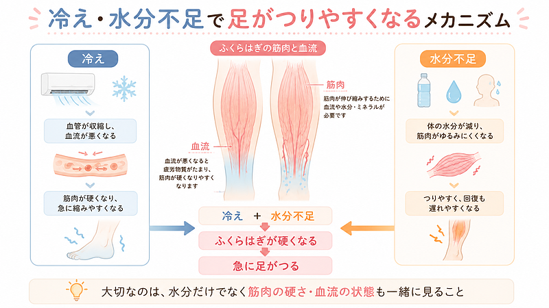 冷えや水分不足によって足がつりやすくなるメカニズムをまとめた図解画像です。血流の悪化や筋肉の硬さ、水分バランスの乱れが重なることで、ふくらはぎが急に縮みやすくなることを説明しています。 冷えや水分不足によって足がつりやすくなるメカニズムをまとめた図解画像です。血流の悪化や筋肉の硬さ、水分バランスの乱れが重なることで、ふくらはぎが急に縮みやすくなることを説明しています。