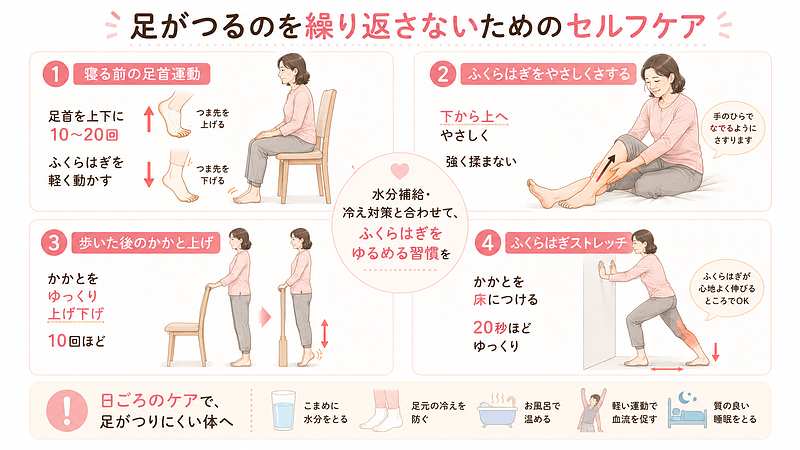 足がつるのを繰り返さないためのセルフケアを、足首運動・ふくらはぎをさする・かかと上げ・ふくらはぎストレッチの4つで紹介した実践画像です。見ただけでやり方がわかるように、動きの方向や回数を整理しています。 足がつるのを繰り返さないためのセルフケアを、足首運動・ふくらはぎをさする・かかと上げ・ふくらはぎストレッチの4つで紹介した実践画像です。見ただけでやり方がわかるように、動きの方向や回数を整理しています。
