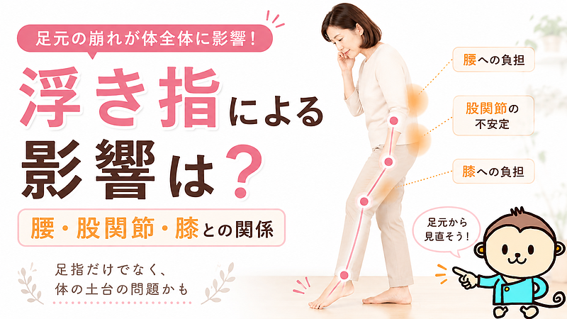 浮き指によって足元の支えが不安定になり、腰・股関節・膝に負担がつながることを表した画像です。足指だけの問題ではなく、重心や姿勢の崩れとして体全体を見直す大切さを伝えています。 浮き指によって足元の支えが不安定になり、腰・股関節・膝に負担がつながることを表した画像です。足指だけの問題ではなく、重心や姿勢の崩れとして体全体を見直す大切さを伝えています。