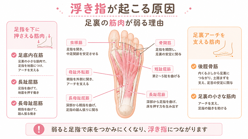 浮き指に関係する足裏の筋肉を解説した画像です。足底内在筋、長趾屈筋、長母趾屈筋、後脛骨筋など、足指を下に押さえる筋肉や足裏アーチを支える筋肉が弱ることで、足指で床をつかみにくくなる流れを表しています。 浮き指に関係する足裏の筋肉を解説した画像です。足底内在筋、長趾屈筋、長母趾屈筋、後脛骨筋など、足指を下に押さえる筋肉や足裏アーチを支える筋肉が弱ることで、足指で床をつかみにくくなる流れを表しています。