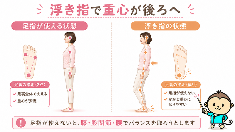 足指が使える状態と浮き指の状態を比較し、重心の違いを表した画像です。足裏全体で支えられると重心は安定しますが、足指が使えないと重心が後ろへ偏り、膝・股関節・腰でバランスを取ろうとすることを示しています。 足指が使える状態と浮き指の状態を比較し、重心の違いを表した画像です。足裏全体で支えられると重心は安定しますが、足指が使えないと重心が後ろへ偏り、膝・股関節・腰でバランスを取ろうとすることを示しています。