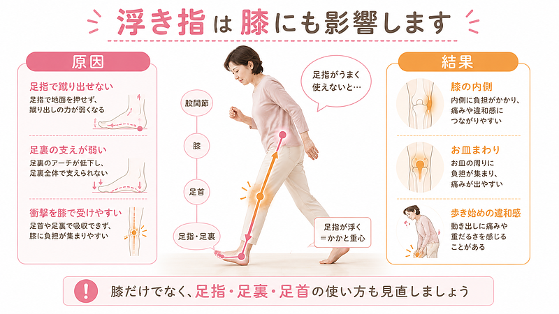 浮き指によって足指で蹴り出せず、膝に負担が集まりやすくなることを表した画像です。足裏や足首で衝撃を吸収しにくくなることで、膝の内側やお皿まわり、歩き始めの違和感につながる可能性を分かりやすく示しています。 浮き指によって足指で蹴り出せず、膝に負担が集まりやすくなることを表した画像です。足裏や足首で衝撃を吸収しにくくなることで、膝の内側やお皿まわり、歩き始めの違和感につながる可能性を分かりやすく示しています。