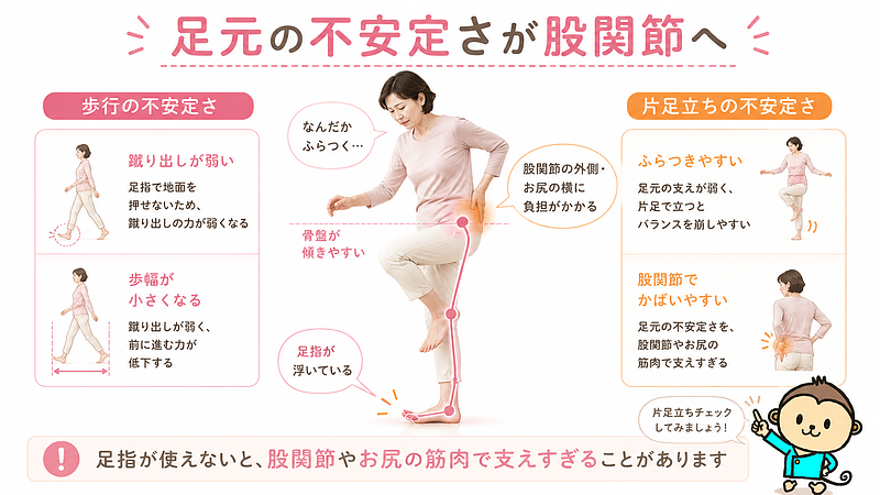 浮き指による足元の不安定さが、股関節やお尻の筋肉への負担につながることを表した画像です。蹴り出しが弱くなる、歩幅が小さくなる、片足立ちでふらつきやすくなるなど、股関節でかばいやすい状態を解説しています。 浮き指による足元の不安定さが、股関節やお尻の筋肉への負担につながることを表した画像です。蹴り出しが弱くなる、歩幅が小さくなる、片足立ちでふらつきやすくなるなど、股関節でかばいやすい状態を解説しています。