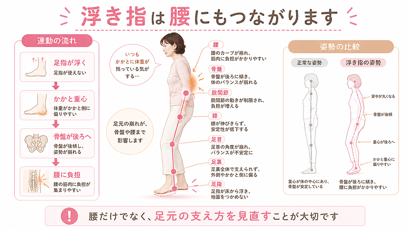 足指が浮くことでかかと重心になり、骨盤が後ろへ傾き、腰に負担がかかりやすくなる流れを表した画像です。腰だけを見るのではなく、足指・足裏・足首・膝・股関節・骨盤までの連動を見直す重要性を伝えています。 足指が浮くことでかかと重心になり、骨盤が後ろへ傾き、腰に負担がかかりやすくなる流れを表した画像です。腰だけを見るのではなく、足指・足裏・足首・膝・股関節・骨盤までの連動を見直す重要性を伝えています。