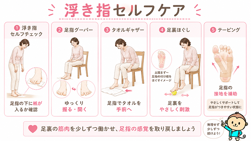 浮き指のセルフチェックとセルフケアをまとめた画像です。足指の下に紙を入れるチェック、足指グーパー、タオルギャザー、足裏ほぐし、テーピングを通して、足裏の筋肉を少しずつ働かせ、足指の感覚を取り戻す方法を紹介しています。 浮き指のセルフチェックとセルフケアをまとめた画像です。足指の下に紙を入れるチェック、足指グーパー、タオルギャザー、足裏ほぐし、テーピングを通して、足裏の筋肉を少しずつ働かせ、足指の感覚を取り戻す方法を紹介しています。