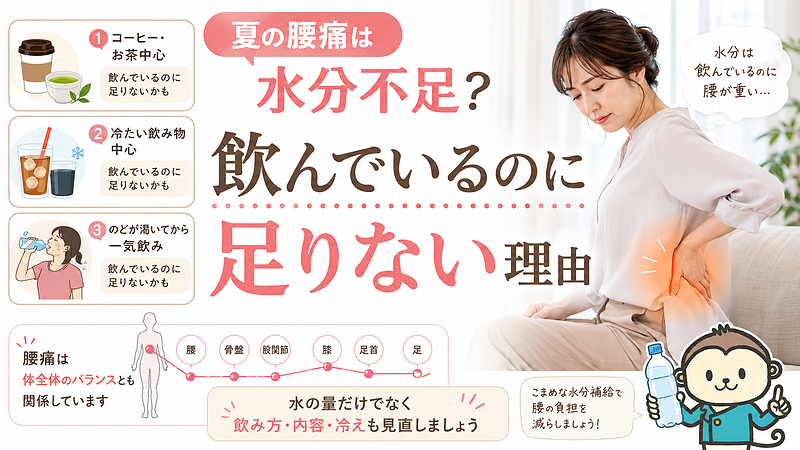 夏に水分を飲んでいるつもりでも、コーヒーやお茶、冷たい飲み物、のどが渇いてからの一気飲みなどで水分補給が偏ると、腰の重だるさにつながりやすいことを伝える画像です。腰痛は水の量だけでなく、飲み方・飲み物の内容・冷え・体全体のバランスも関係することを分かりやすくまとめています。 夏に水分を飲んでいるつもりでも、コーヒーやお茶、冷たい飲み物、のどが渇いてからの一気飲みなどで水分補給が偏ると、腰の重だるさにつながりやすいことを伝える画像です。腰痛は水の量だけでなく、飲み方・飲み物の内容・冷え・体全体のバランスも関係することを分かりやすくまとめています。