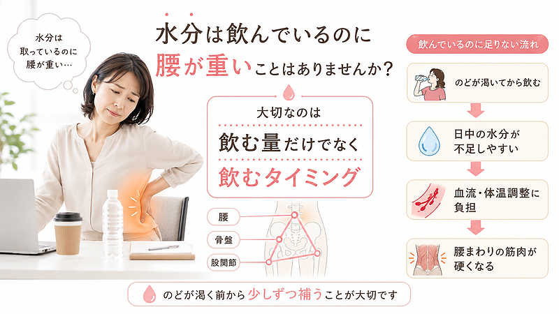 水分は取っているつもりでも、飲むタイミングが偏ると腰まわりに負担がかかりやすいことを解説した画像です。のどが渇いてから飲むのではなく、日中に少しずつ補う大切さを伝えています。 水分は取っているつもりでも、飲むタイミングが偏ると腰まわりに負担がかかりやすいことを解説した画像です。のどが渇いてから飲むのではなく、日中に少しずつ補う大切さを伝えています。