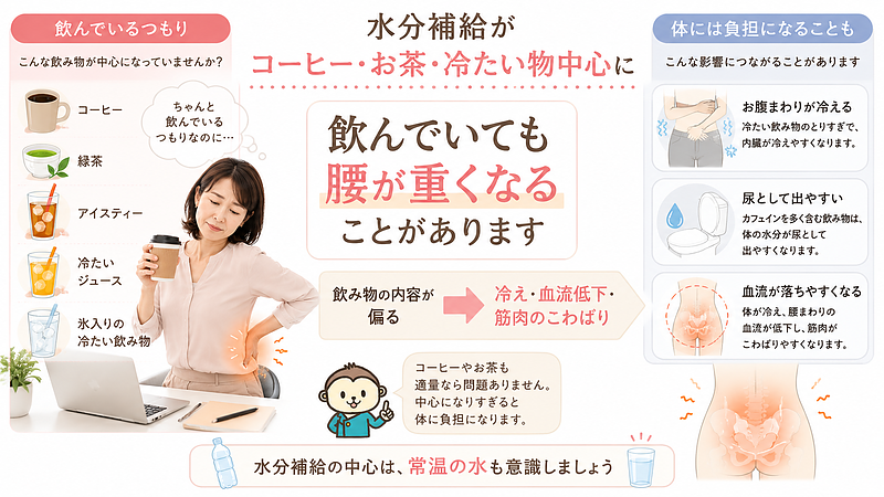 コーヒーやお茶、冷たい飲み物が中心になると、体が冷えたり水分補給が偏ったりして、腰の重だるさにつながることを示した画像です。常温の水も意識する必要性を伝えています。 コーヒーやお茶、冷たい飲み物が中心になると、体が冷えたり水分補給が偏ったりして、腰の重だるさにつながることを示した画像です。常温の水も意識する必要性を伝えています。