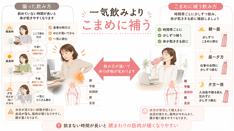 食事の時だけ飲む、一気に飲むなどの偏った水分補給と、時間帯ごとに少しずつ補う飲み方を比較した画像です。飲まない時間を長く作らないことの大切さを伝えています。 食事の時だけ飲む、一気に飲むなどの偏った水分補給と、時間帯ごとに少しずつ補う飲み方を比較した画像です。飲まない時間を長く作らないことの大切さを伝えています。