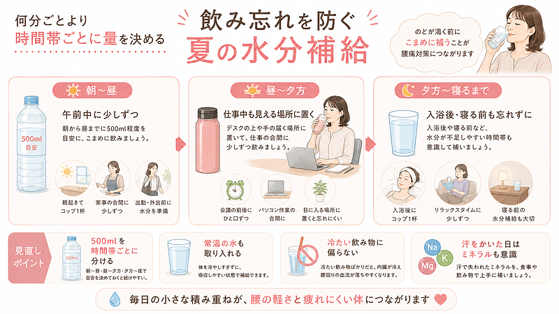朝から昼、昼から夕方、夕方から寝るまでの時間帯ごとに水分補給を分ける方法を紹介した画像です。500mlのペットボトルや水筒を使い、飲み忘れを防ぐ実践方法をまとめています。 朝から昼、昼から夕方、夕方から寝るまでの時間帯ごとに水分補給を分ける方法を紹介した画像です。500mlのペットボトルや水筒を使い、飲み忘れを防ぐ実践方法をまとめています。