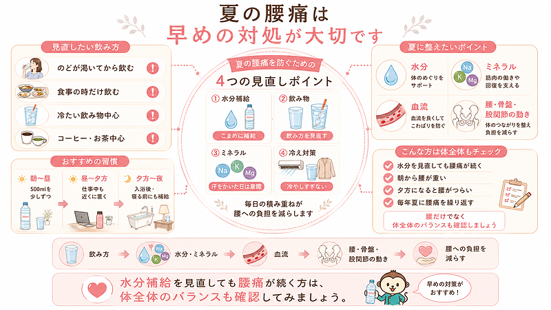 夏の腰痛対策として、水分補給、飲み物の内容、ミネラル、冷え対策を見直すポイントを整理したまとめ画像です。水分を見直しても腰痛が続く場合は、体全体のバランスも確認する必要性を伝えています。 夏の腰痛対策として、水分補給、飲み物の内容、ミネラル、冷え対策を見直すポイントを整理したまとめ画像です。水分を見直しても腰痛が続く場合は、体全体のバランスも確認する必要性を伝えています。