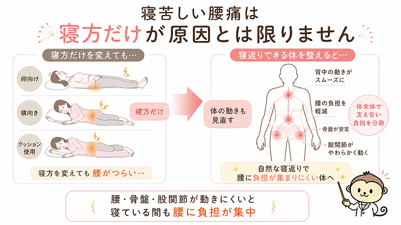 寝苦しい腰痛は、寝方だけを変えても改善しにくい場合があることを伝える比較図です。左側では仰向け・横向き・クッション使用など寝方を工夫しても腰に負担が残る状態を示し、右側では背中・腰・骨盤・股関節が連動して動くことで、寝返りしやすい体へ整える重要性を表現しています。 寝苦しい腰痛は、寝方だけを変えても改善しにくい場合があることを伝える比較図です。左側では仰向け・横向き・クッション使用など寝方を工夫しても腰に負担が残る状態を示し、右側では背中・腰・骨盤・股関節が連動して動くことで、寝返りしやすい体へ整える重要性を表現しています。