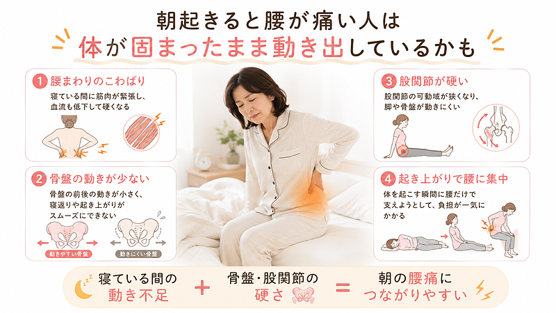 朝起きると腰が痛い人に多い体の状態をまとめた解説画像です。寝ている間の動き不足、腰まわりのこわばり、骨盤の動きの少なさ、股関節の硬さ、起き上がり時の腰への負担をカード形式で整理し、朝の腰痛が単なる寝方だけでなく体の硬さや動きに関係することを分かりやすく示しています。 朝起きると腰が痛い人に多い体の状態をまとめた解説画像です。寝ている間の動き不足、腰まわりのこわばり、骨盤の動きの少なさ、股関節の硬さ、起き上がり時の腰への負担をカード形式で整理し、朝の腰痛が単なる寝方だけでなく体の硬さや動きに関係することを分かりやすく示しています。