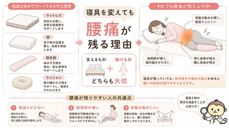 マットレスや枕など寝具を変えても腰痛が残る人の共通点をまとめた画像です。寝具は体を支える大切な要素ですが、寝返りが少ない、股関節が硬い、骨盤が動きにくいといった体側の問題があると、腰への負担が残りやすいことを説明しています。寝具と体の両方を見直す必要性が伝わる構成です。 マットレスや枕など寝具を変えても腰痛が残る人の共通点をまとめた画像です。寝具は体を支える大切な要素ですが、寝返りが少ない、股関節が硬い、骨盤が動きにくいといった体側の問題があると、腰への負担が残りやすいことを説明しています。寝具と体の両方を見直す必要性が伝わる構成です。