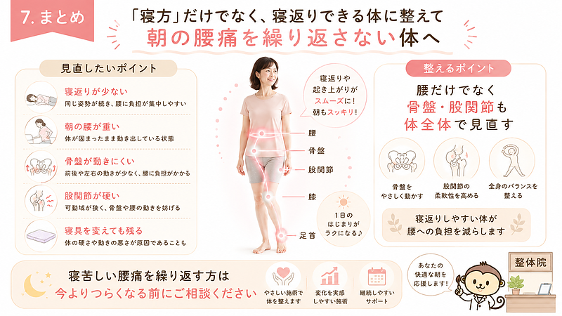 寝苦しい腰痛や朝の腰痛を繰り返す方に向けたまとめ画像です。寝返りが少ない、朝の腰が重い、骨盤が動きにくい、股関節が硬い、寝具を変えても腰痛が残るといった見直したいポイントを整理し、腰だけでなく骨盤・股関節を含めて体全体を整える大切さを伝えています。相談導線にもつながる前向きな構成です。 寝苦しい腰痛や朝の腰痛を繰り返す方に向けたまとめ画像です。寝返りが少ない、朝の腰が重い、骨盤が動きにくい、股関節が硬い、寝具を変えても腰痛が残るといった見直したいポイントを整理し、腰だけでなく骨盤・股関節を含めて体全体を整える大切さを伝えています。相談導線にもつながる前向きな構成です。