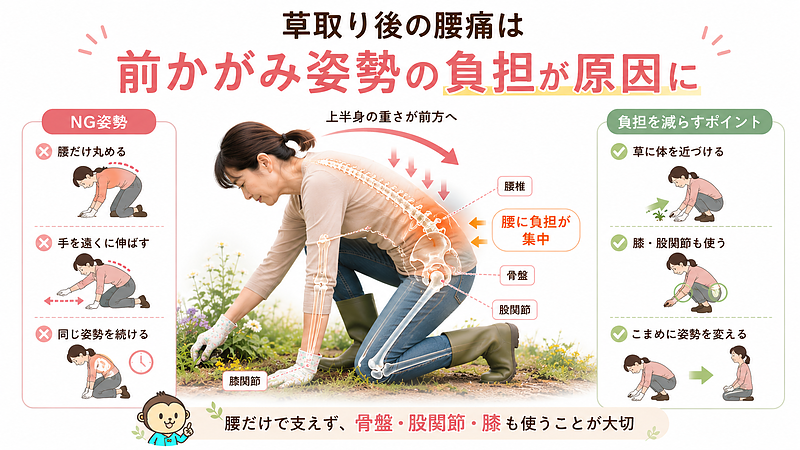 草取り中の前かがみ姿勢で、上半身の重さが腰へ集中する仕組みを解説した画像です。腰だけを丸める、手を遠くに伸ばす、同じ姿勢を続けるといったNG姿勢と、負担を減らすための作業ポイントを比較して示しています。 草取り中の前かがみ姿勢で、上半身の重さが腰へ集中する仕組みを解説した画像です。腰だけを丸める、手を遠くに伸ばす、同じ姿勢を続けるといったNG姿勢と、負担を減らすための作業ポイントを比較して示しています。