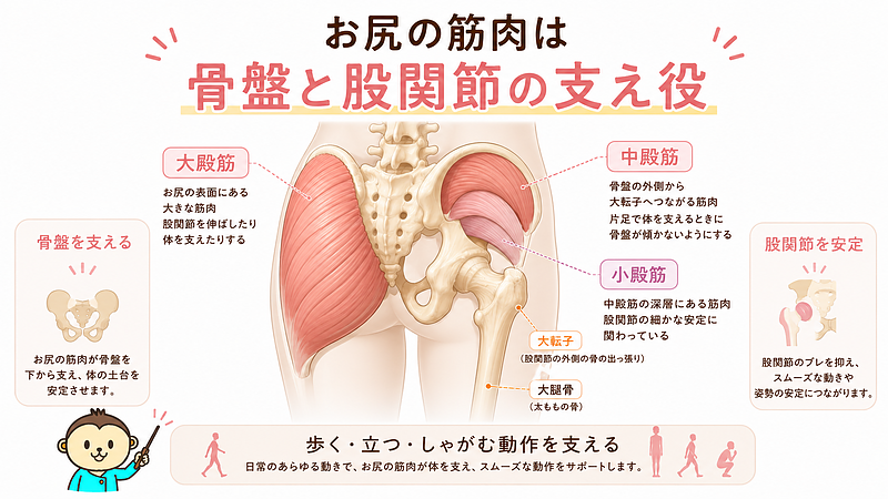 大殿筋・中殿筋・小殿筋が骨盤と股関節を支える役割を示した解剖図解画像です。お尻の筋肉が歩く・立つ・しゃがむ動作を支え、草取りのような中腰姿勢でも重要に働くことを伝える構成です。 大殿筋・中殿筋・小殿筋が骨盤と股関節を支える役割を示した解剖図解画像です。お尻の筋肉が歩く・立つ・しゃがむ動作を支え、草取りのような中腰姿勢でも重要に働くことを伝える構成です。