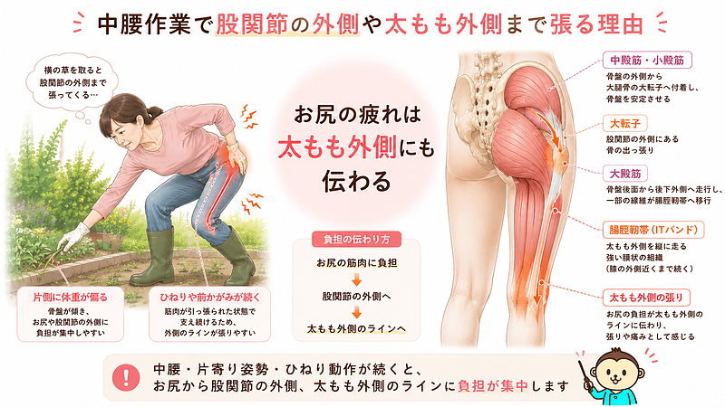 中腰や片寄った姿勢で草取りを続けると、お尻から股関節外側、太もも外側へ負担が伝わる理由を解説した画像です。日常の草取り動作と解剖図を組み合わせ、外側ラインに張りが出るメカニズムを視覚的に表現しています。 中腰や片寄った姿勢で草取りを続けると、お尻から股関節外側、太もも外側へ負担が伝わる理由を解説した画像です。日常の草取り動作と解剖図を組み合わせ、外側ラインに張りが出るメカニズムを視覚的に表現しています。
