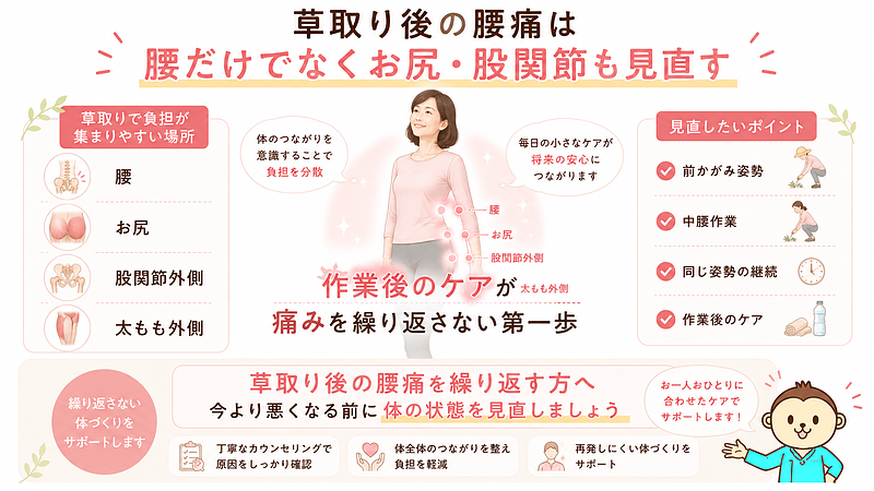草取り後の腰痛を繰り返さないために、腰だけでなくお尻・股関節も見直す大切さをまとめた来院導線画像です。負担が集まりやすい場所と見直したい作業姿勢を整理し、作業後のケアや体の状態確認につなげる構成にしています。 草取り後の腰痛を繰り返さないために、腰だけでなくお尻・股関節も見直す大切さをまとめた来院導線画像です。負担が集まりやすい場所と見直したい作業姿勢を整理し、作業後のケアや体の状態確認につなげる構成にしています。