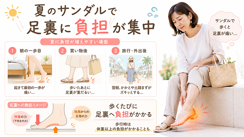 夏のサンダルや外出後に足裏へ負担が集中しやすい場面をまとめた画像。朝の一歩目、買い物後、旅行・外出後など、足裏やかかとに痛みが出やすいタイミングを視覚的に示し、歩くたびに足裏へ負担がかかることを伝えています。 夏のサンダルや外出後に足裏へ負担が集中しやすい場面をまとめた画像。朝の一歩目、買い物後、旅行・外出後など、足裏やかかとに痛みが出やすいタイミングを視覚的に示し、歩くたびに足裏へ負担がかかることを伝えています。